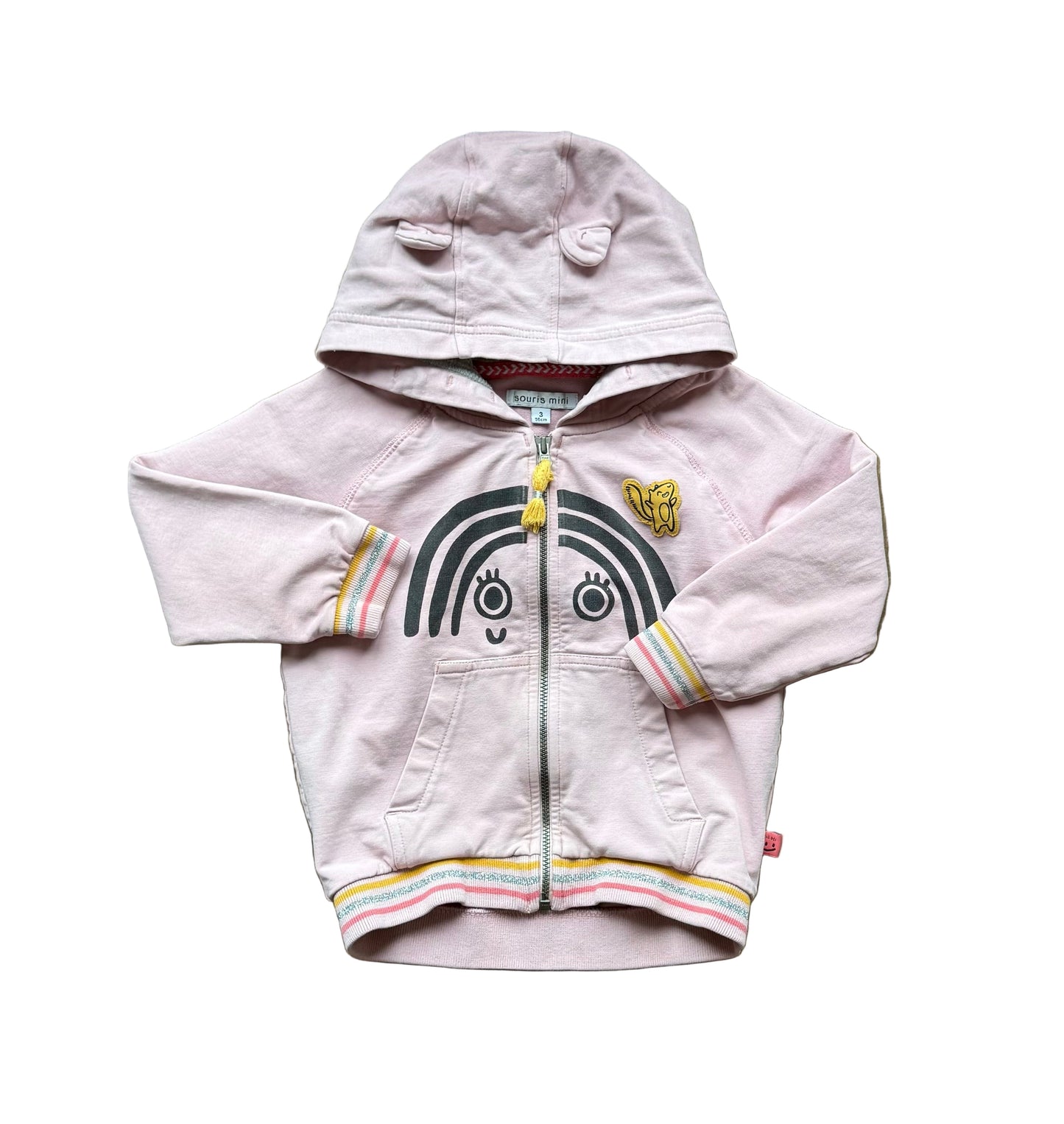 Veste à capuche enfant vieux rose, fermeture éclair, motif souris sur le devant