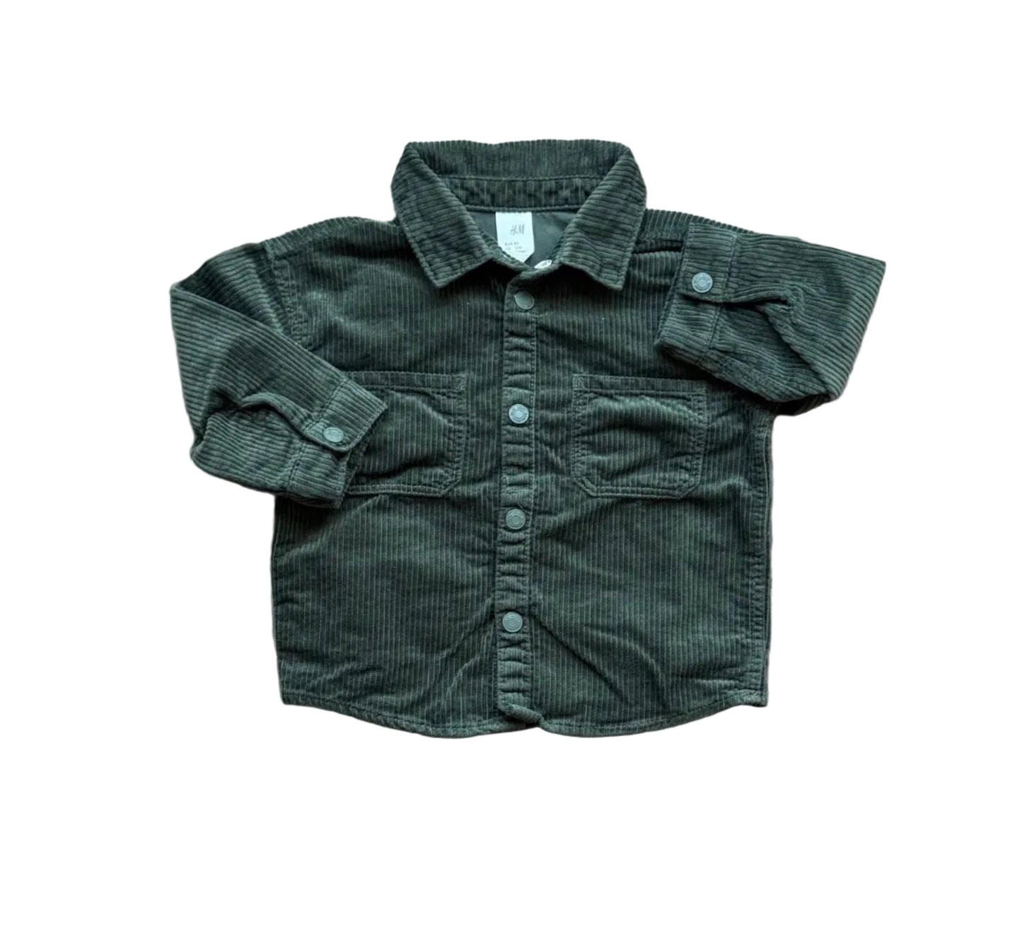 Chemise H&M 9-12 mois en velours côtelé vert, boutonnage et col, poche poitrine.