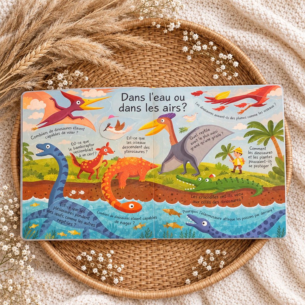 Livre de réponses dinosaures, couverture cartonnée illustrée avec dinosaures et questions.
