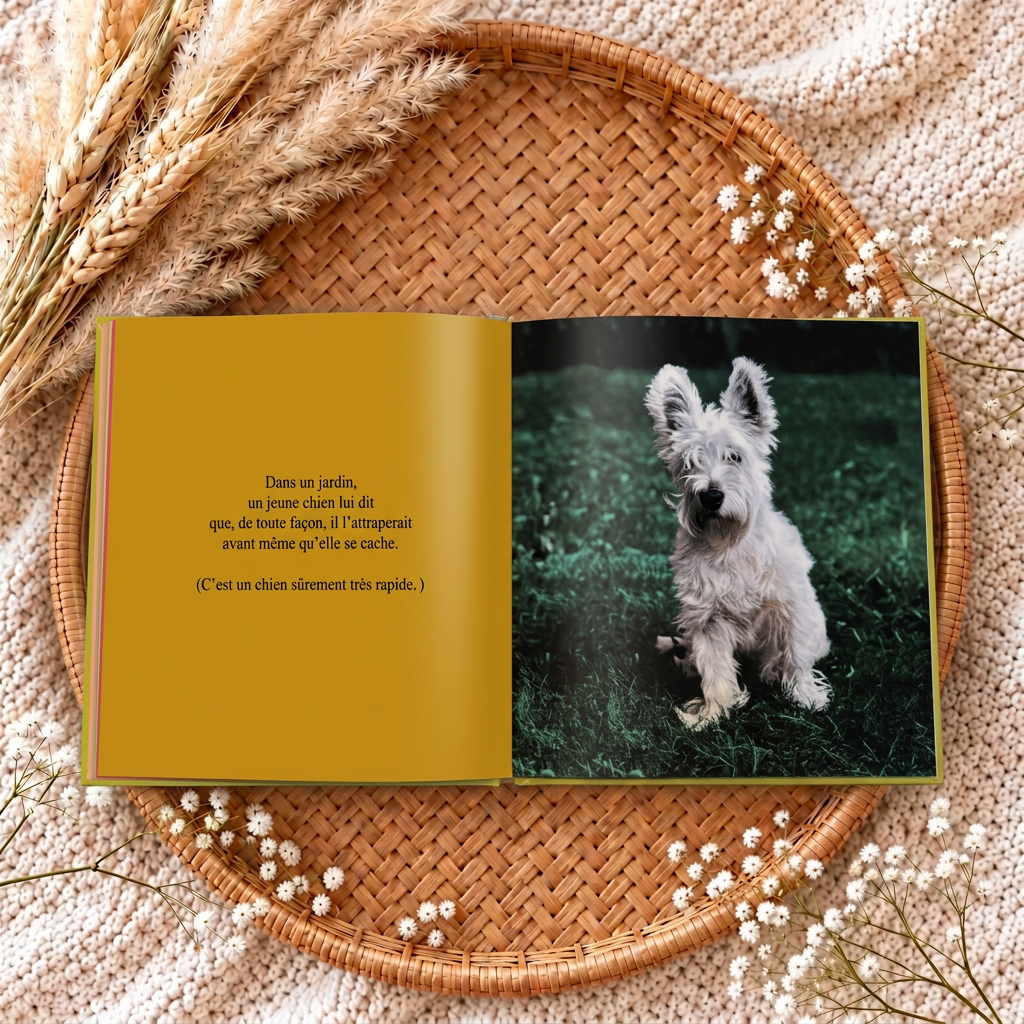 Livre jeunesse ouvert, photo d’un petit chien blanc-gris sur fond sombre