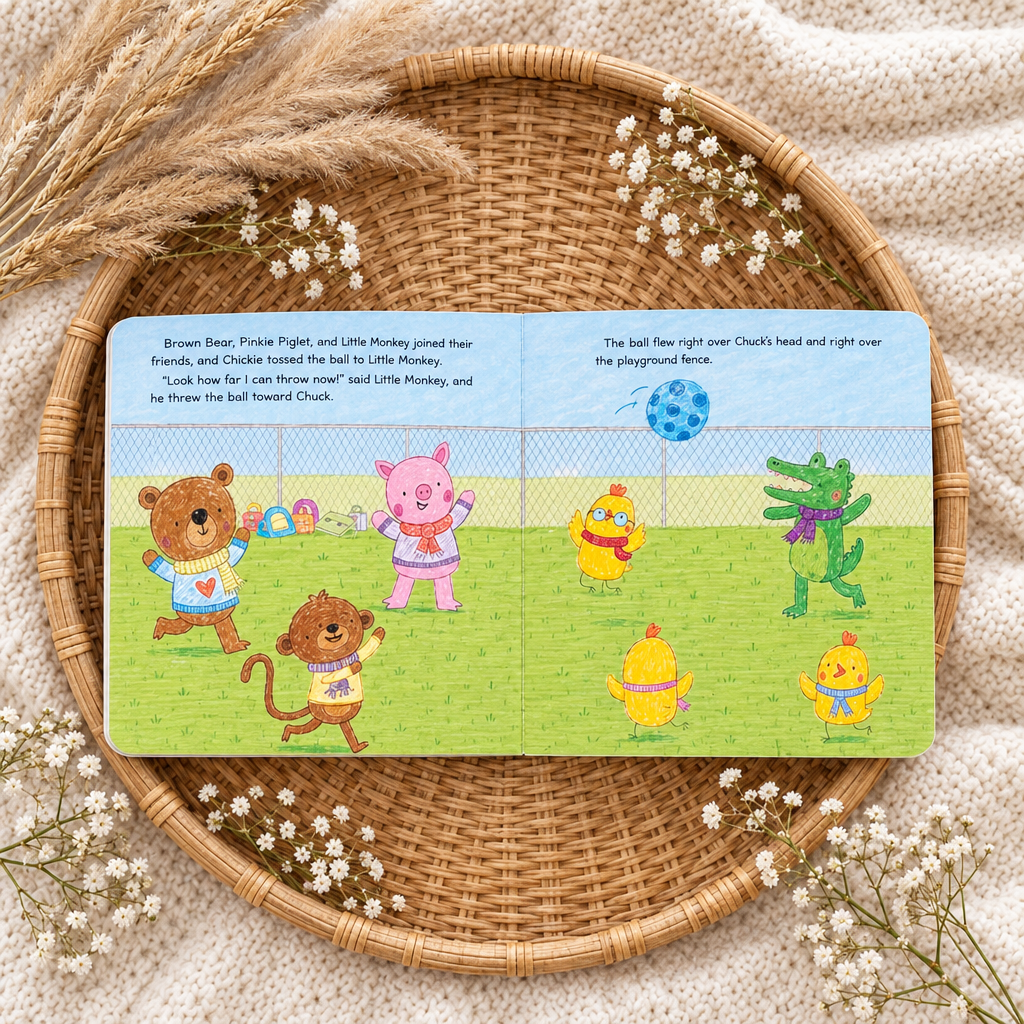 Livre pour enfants avec pages illustrées d’animaux, mise en scène de la rentrée