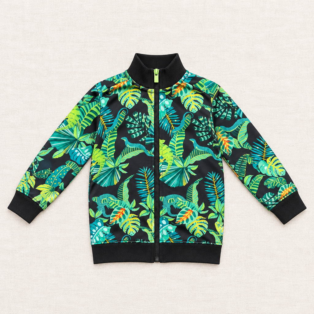 Veste enfant zippée noire à col montant, motif tropical feuillages et fleurs, poignets côtelés.