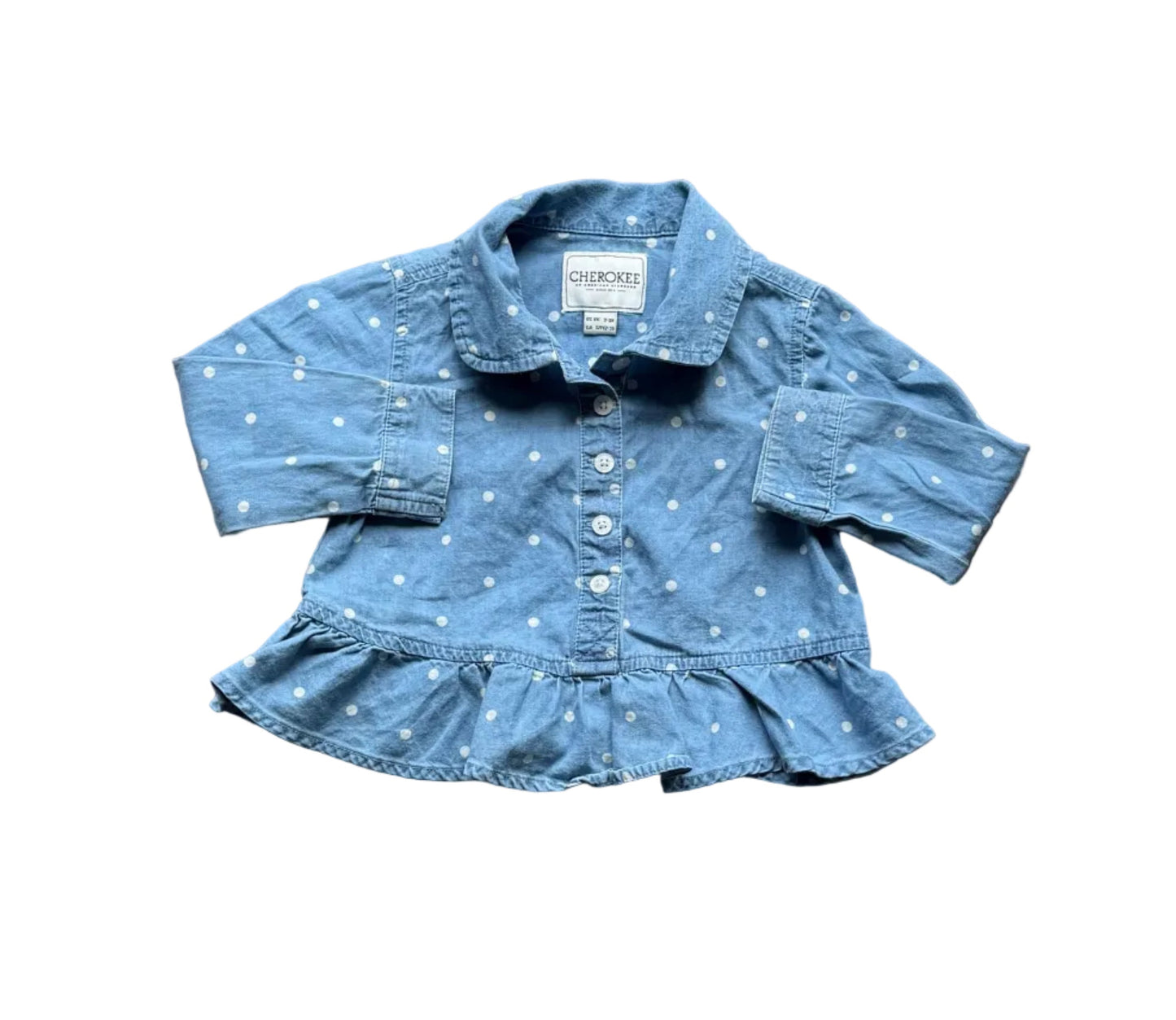 Chemise Cherokee 2-3 ans bleu clair à pois blancs, volants au bas
