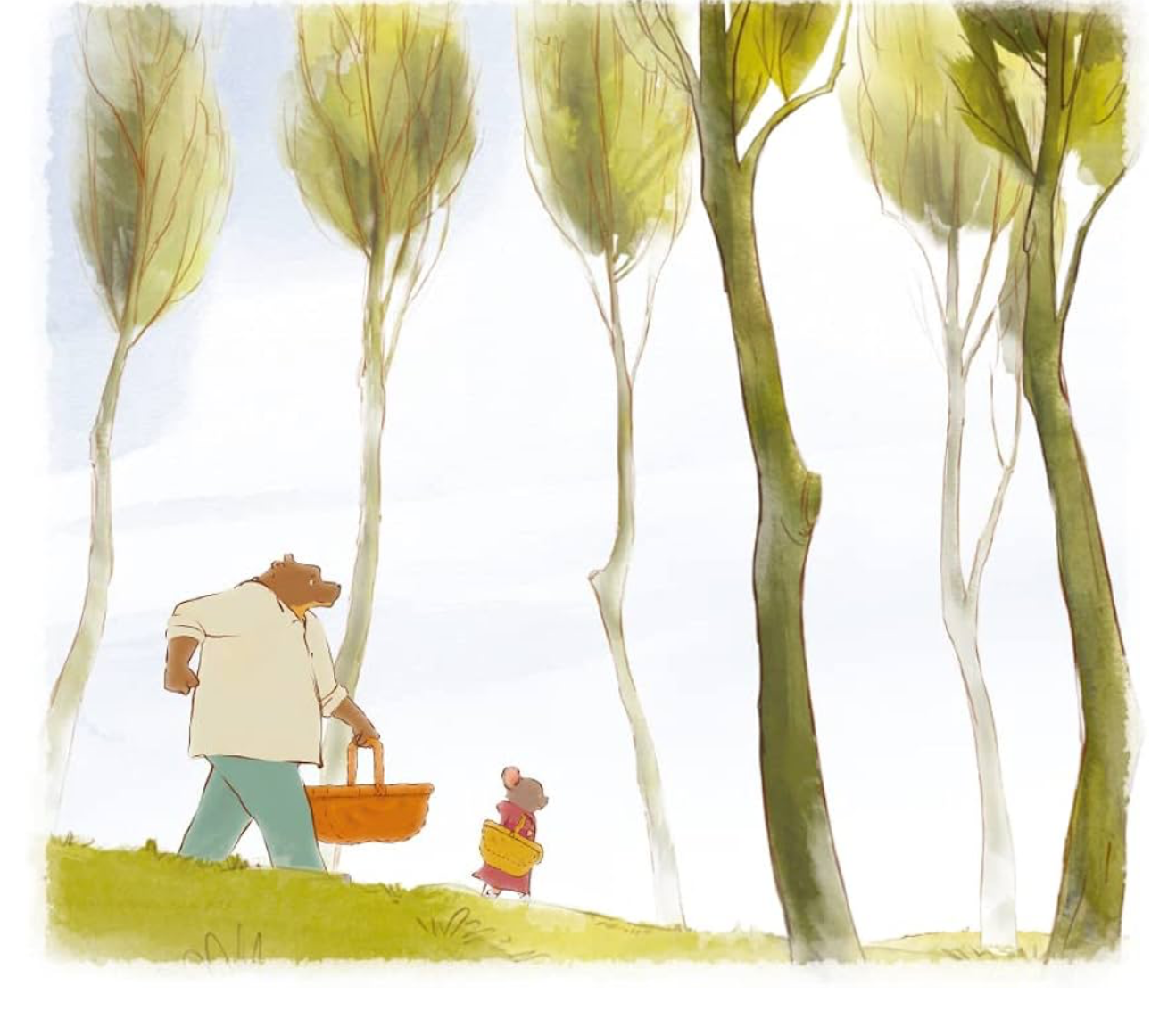 Livre « Le moulin hanté » : illustration d’Ernest marchant avec une enfant dans la forêt