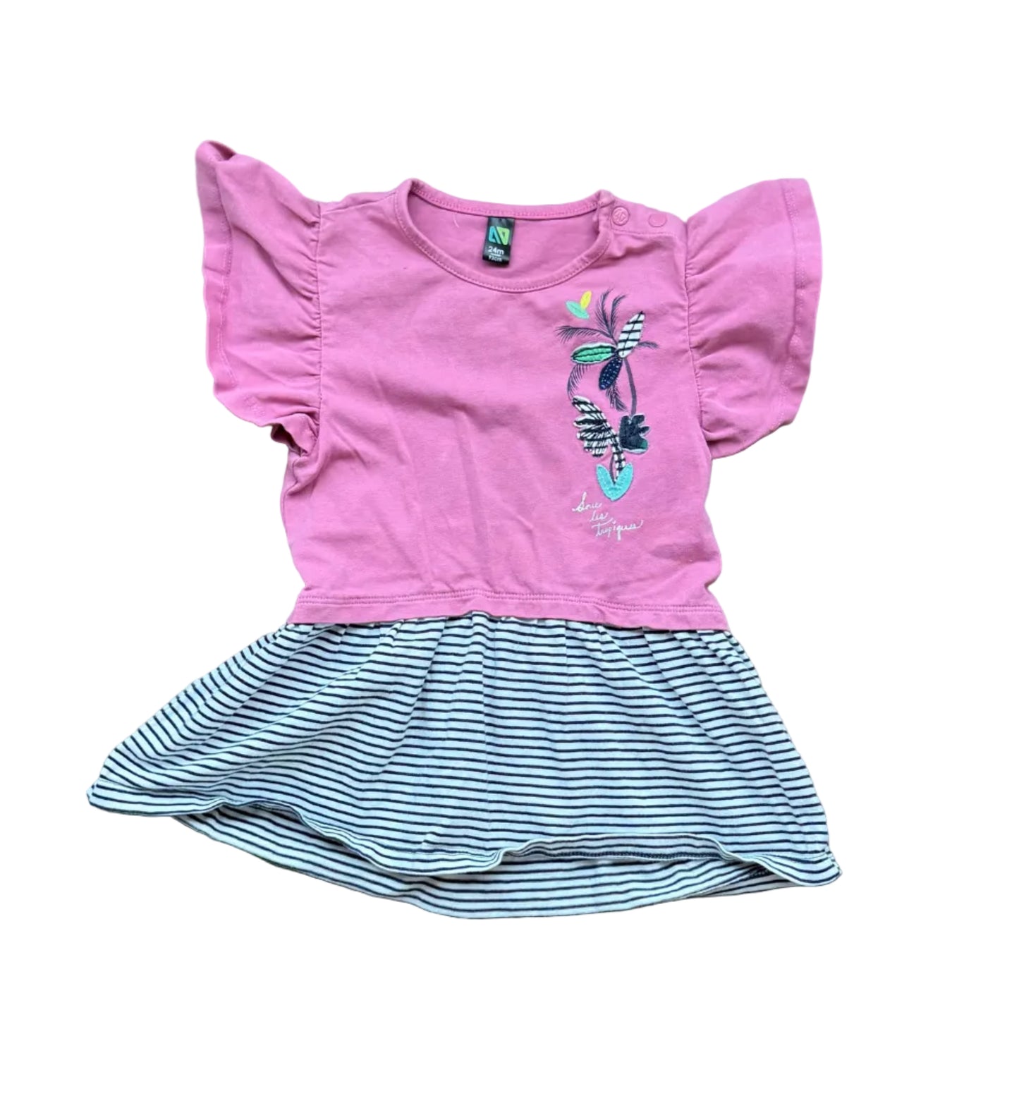 Robe bébé 24 mois à manches bouffantes, haut rose et jupe rayée bleu et motif fantaisie