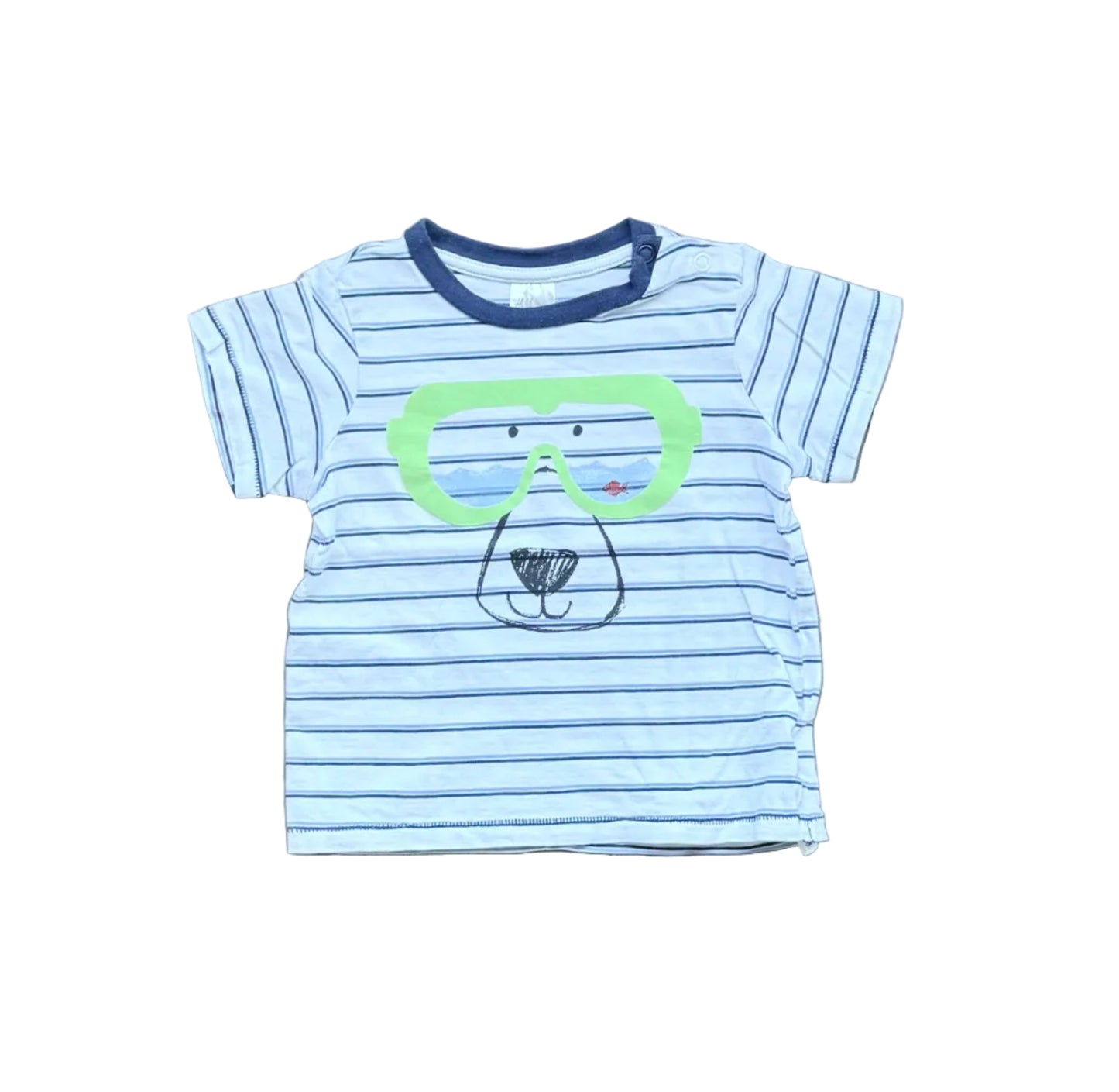 T-shirt bébé 6-9 mois rayé bleu clair et bleu marine, motif chien avec lunettes