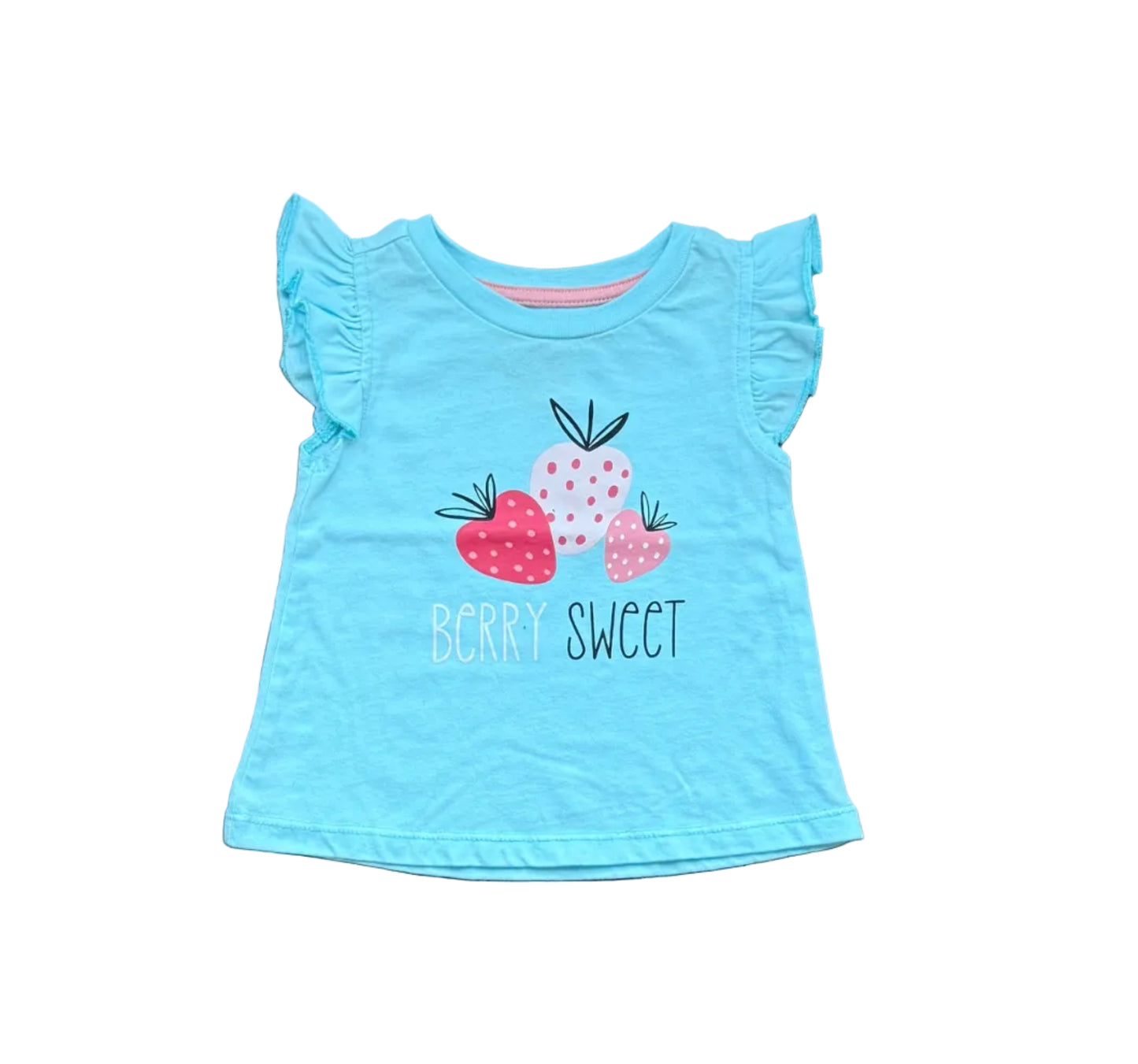 T-shirt bébé 18 mois bleu turquoise à manches volant et motif fraises