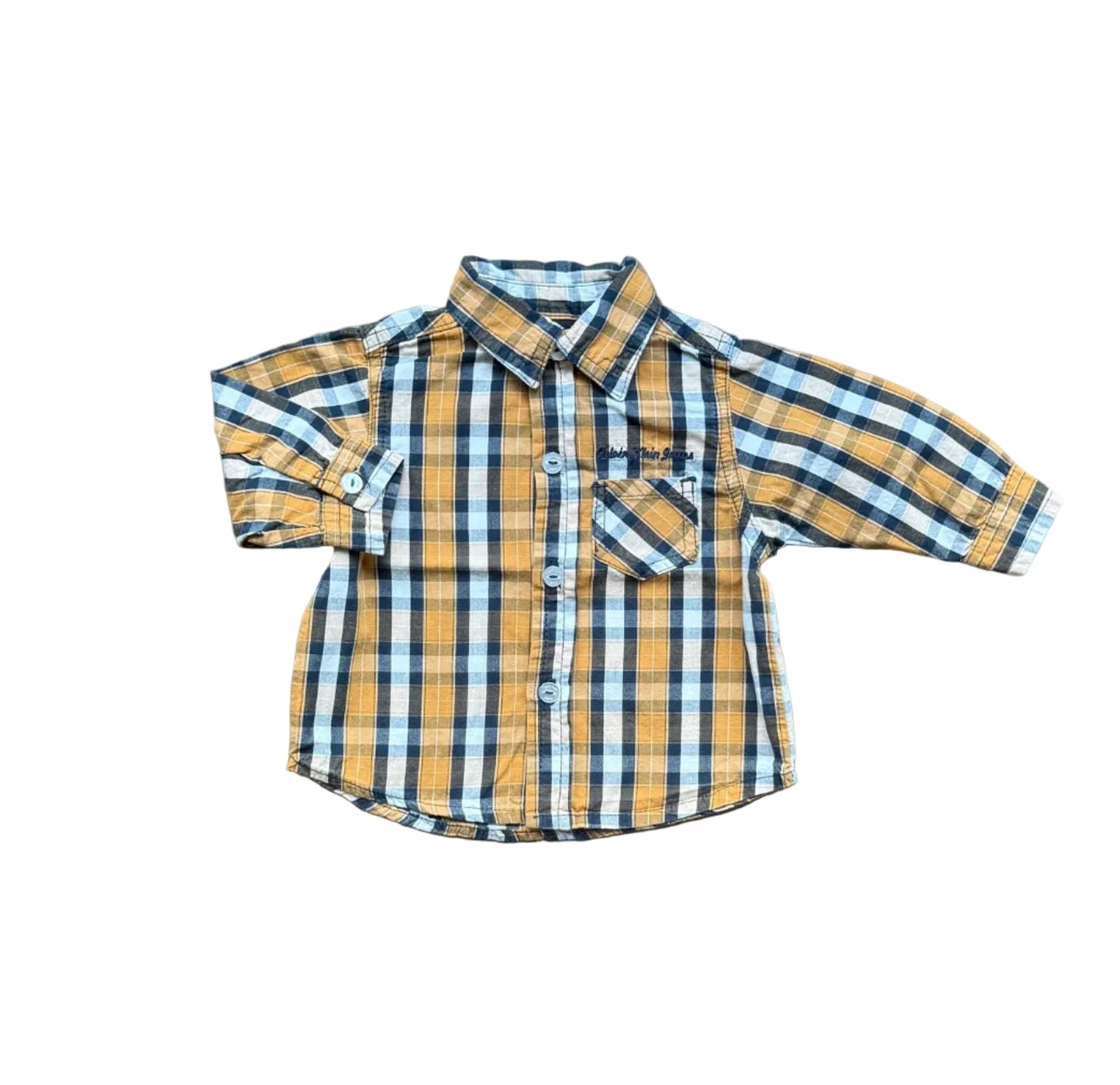 Chemise bébé Calvin Klein à carreaux bleu et jaune, manches longues, col boutonné