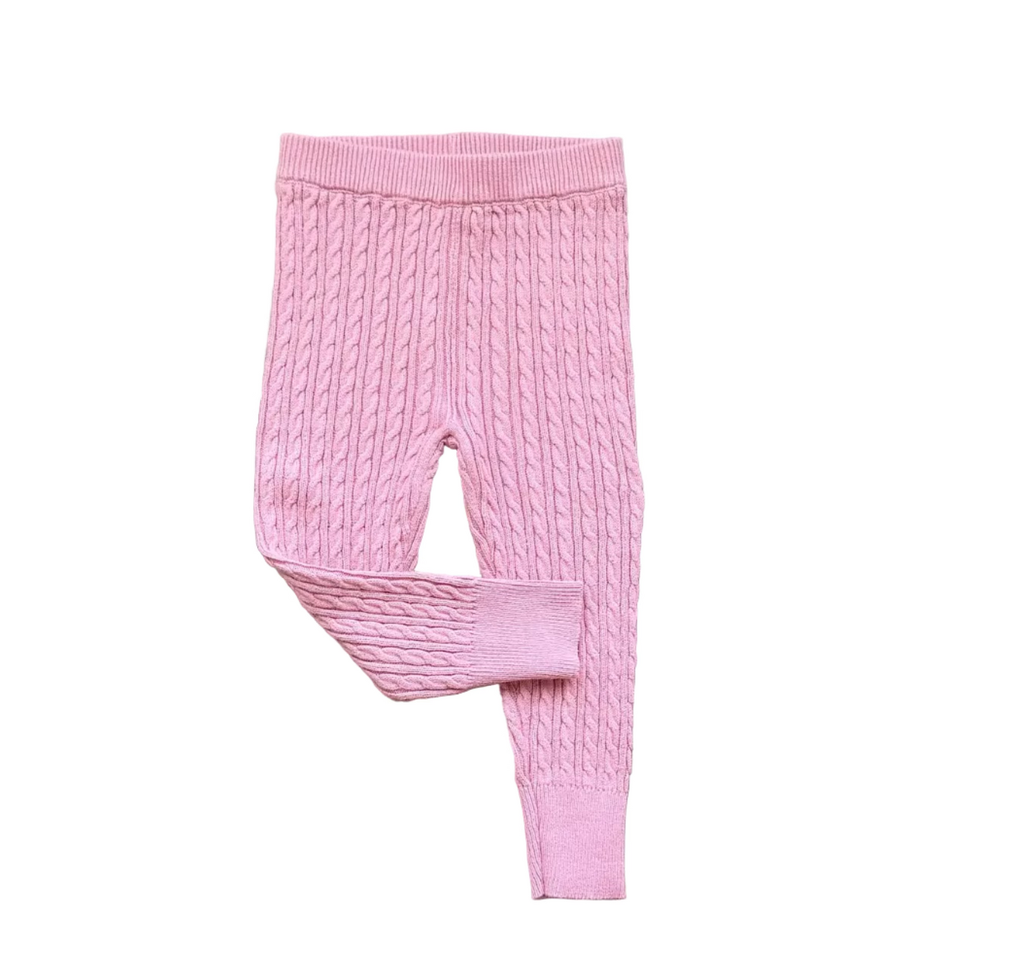 Legging enfant rose à torsades, taille côtelée et chevilles ajustées