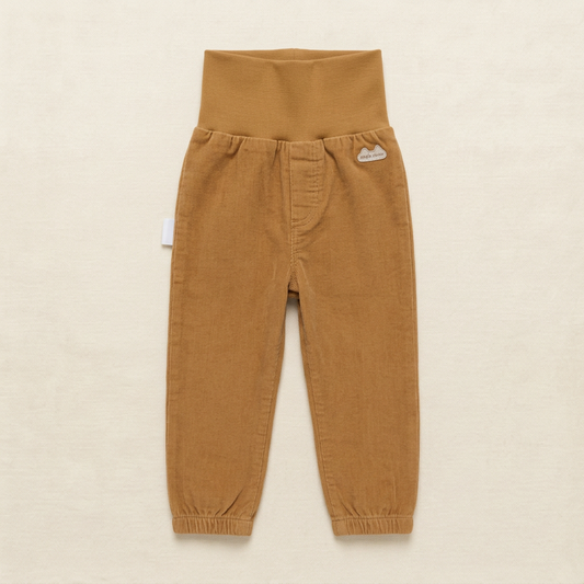 Pantalon bébé marron en coton, taille élastique et bas côtelés, petit logo souris