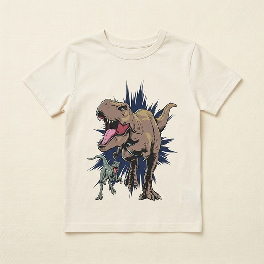 T-shirt enfant blanc à imprimé dinosaures coloré, col rond côtelé