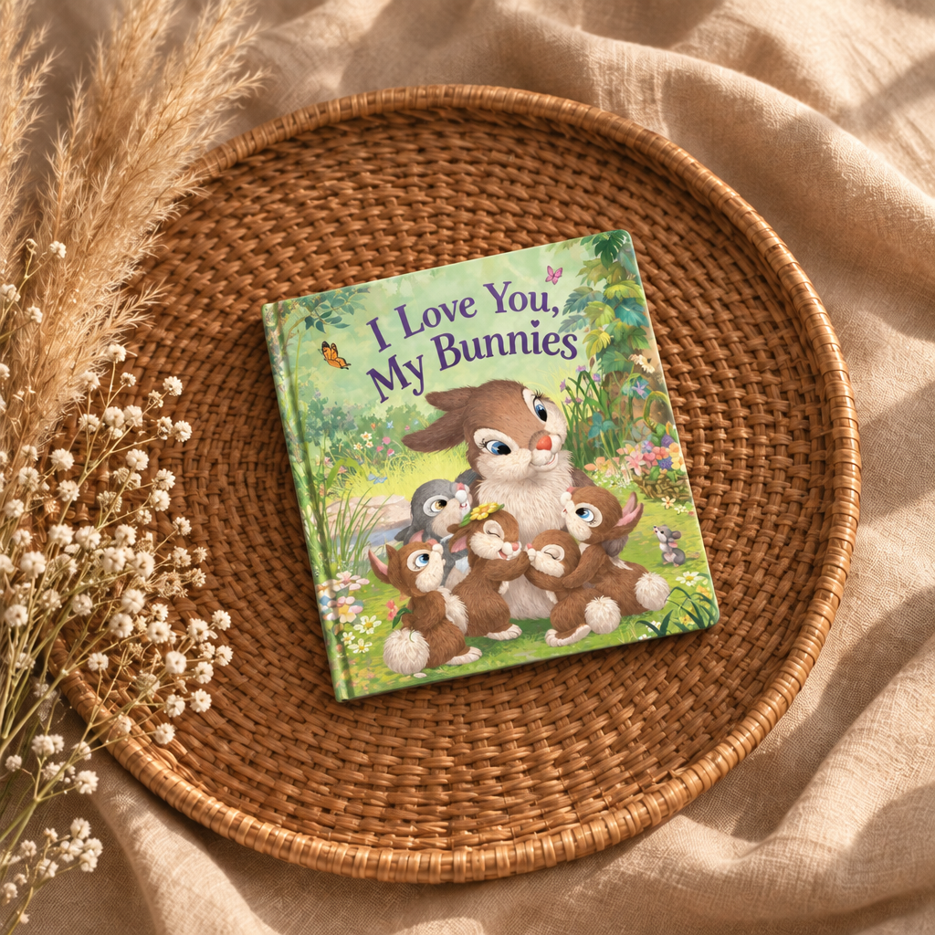 Livre jeunesse à couverture illustrée lapins, titre « I Love You, My Bunnies »