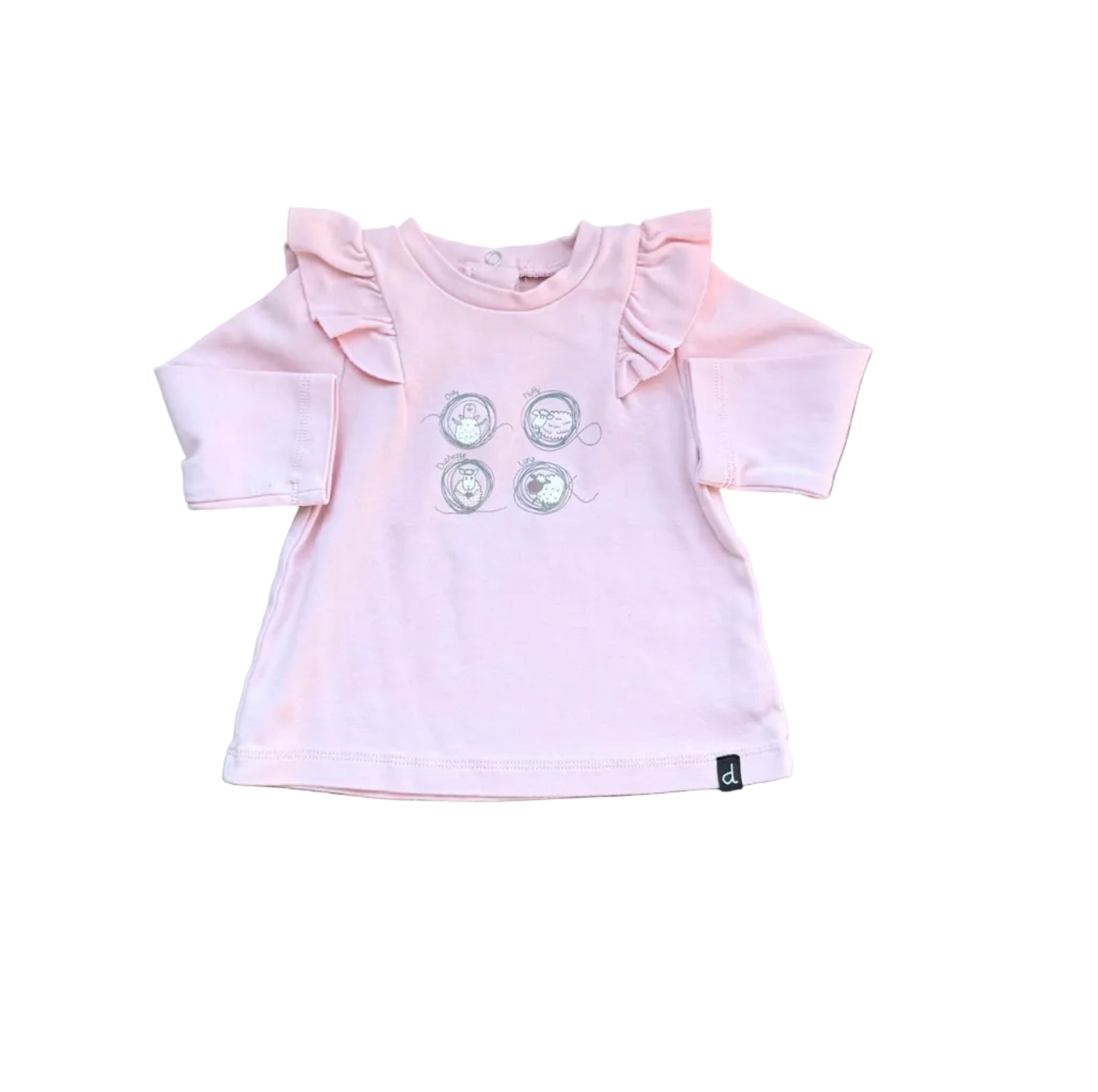 Chandail bébé 6 mois rose crème à manches longues, volants aux épaules, motif rond devant