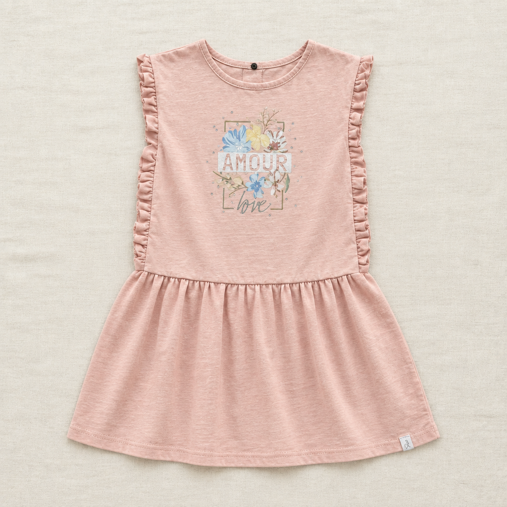 Robe Deux par Deux rose crème à volants, motif «Amour» cœur, manches volant, 7 ans