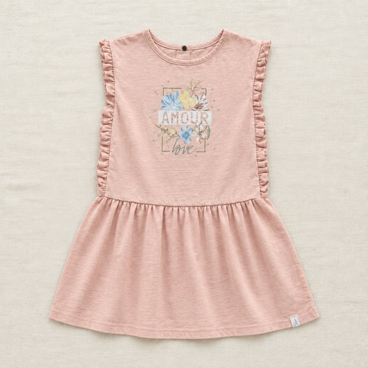 Robe Deux par Deux rose crème à volants, motif «Amour» cœur, manches volant, 7 ans
