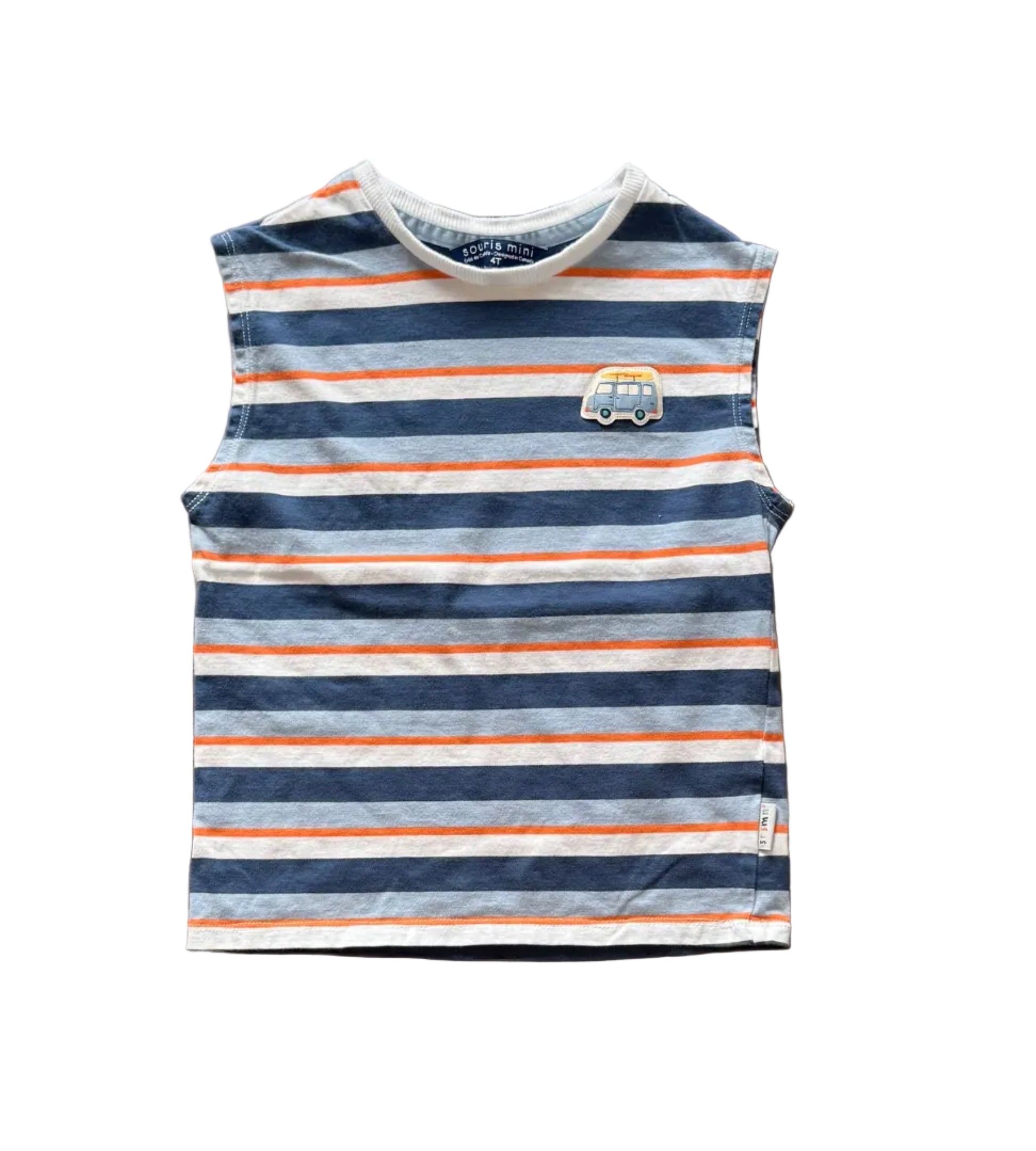 Camisole Souris Mini 4 ans rayée bleu marine et orange, imprimé petit camion