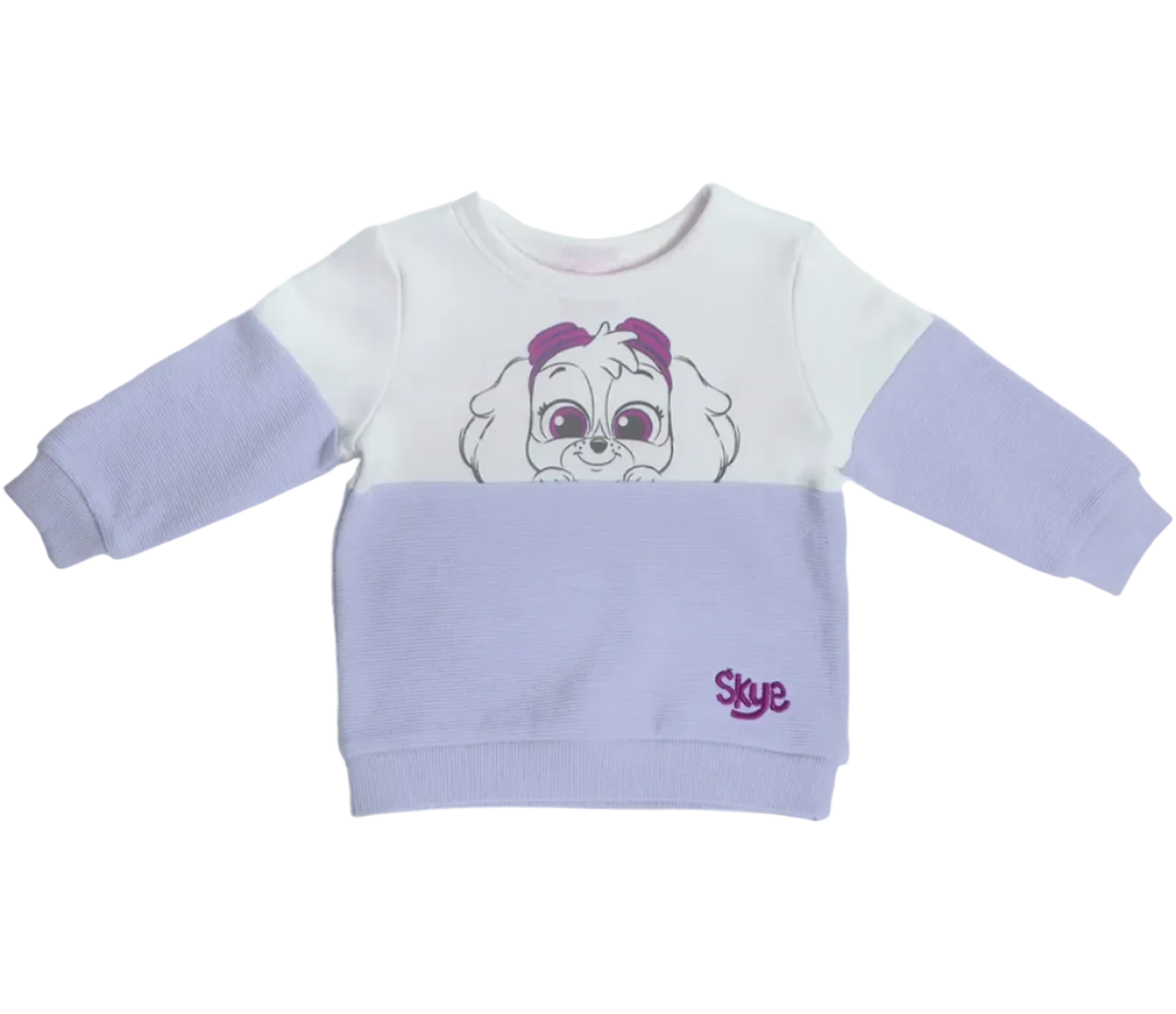 Chandail 12 mois mauve et blanc, motif Skye sur la poitrine, manches longues