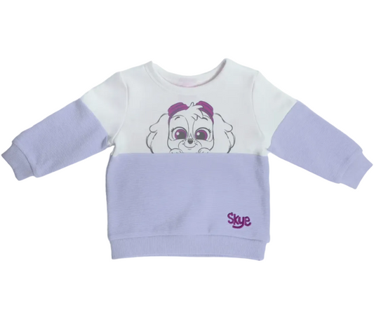 Chandail 12 mois mauve et blanc, motif Skye sur la poitrine, manches longues