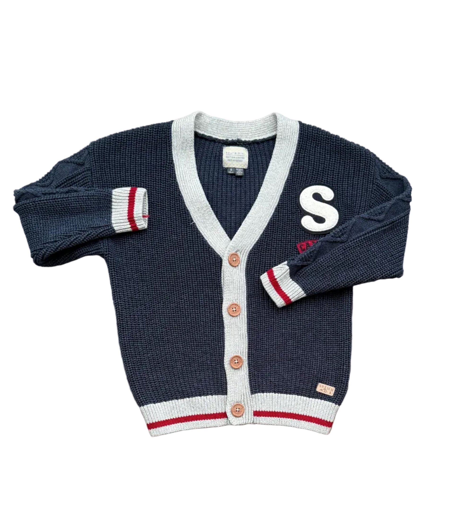 Cardigan marine-gris 5 ans, col V, boutonnage devant, poignets et bas rayés