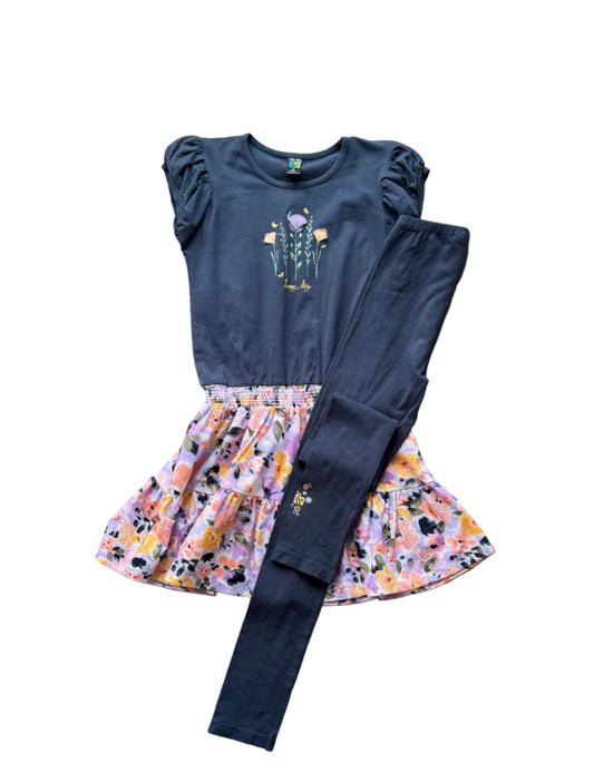 Ensemble fille 2 pièces : haut bleu marine à manches froncées, jupe florale et legging