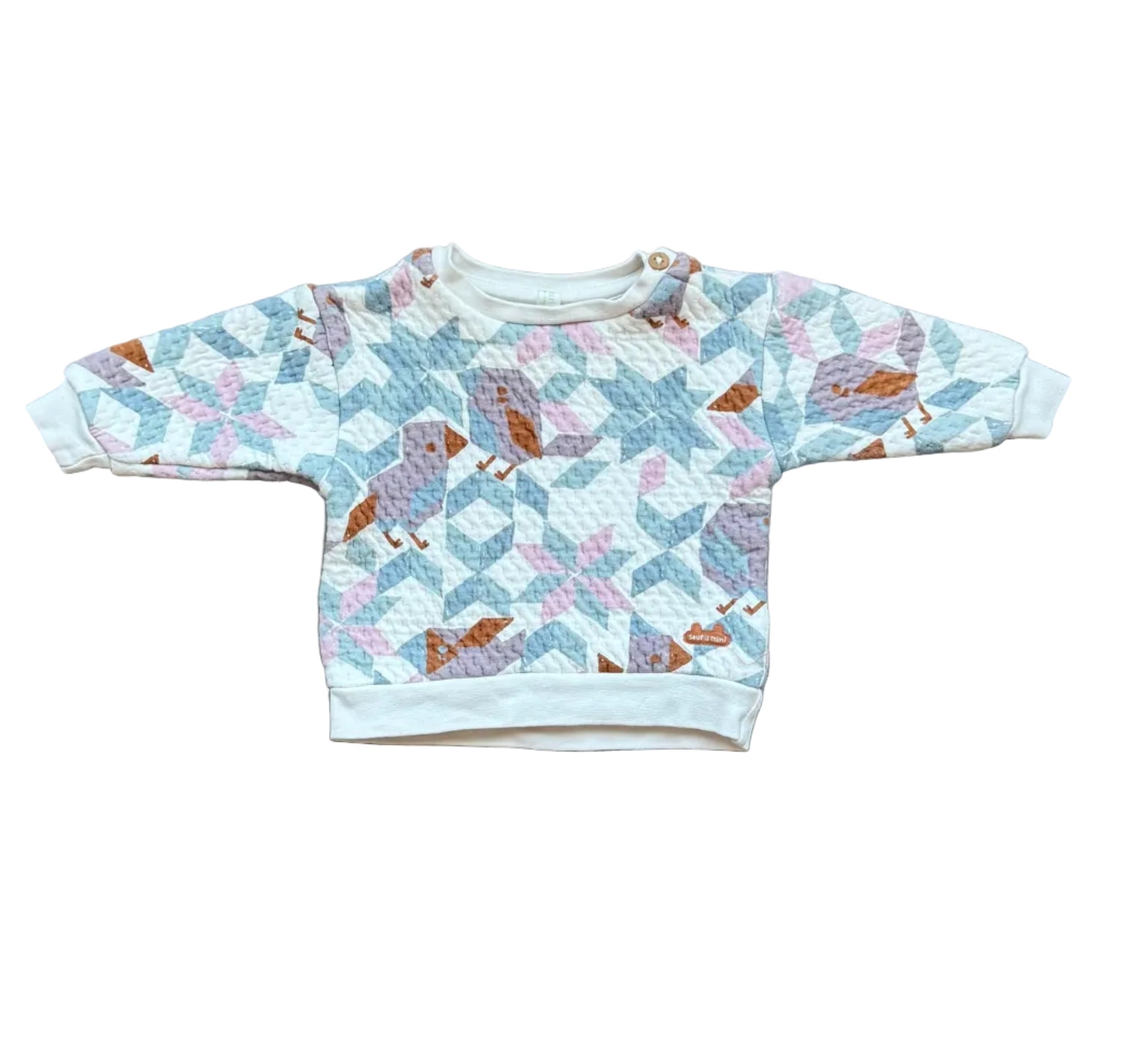 Sweat bébé 3-6 mois bleu ciel motifs géométriques multicolores