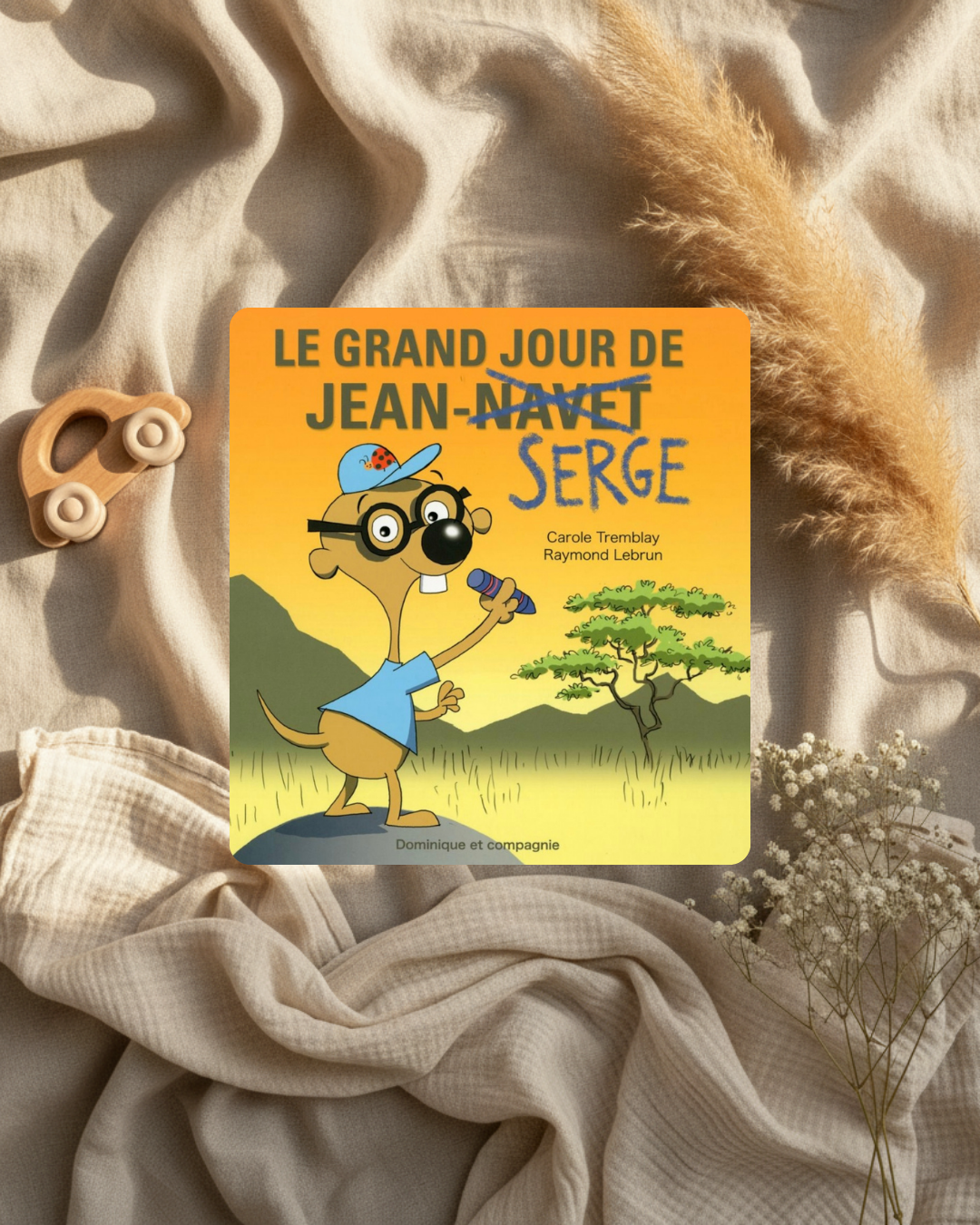 Livre jeunesse à couverture illustrée orange et jaune avec un personnage chien.