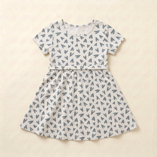 Robe enfant manches courtes, col rond, motif bleu sur fond taupe.