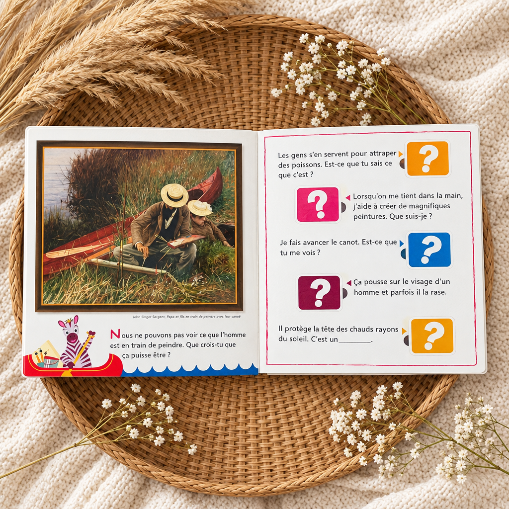 Livre pour enfants ouvert, illustrations et questions avec grands pictogrammes sur chaque page.