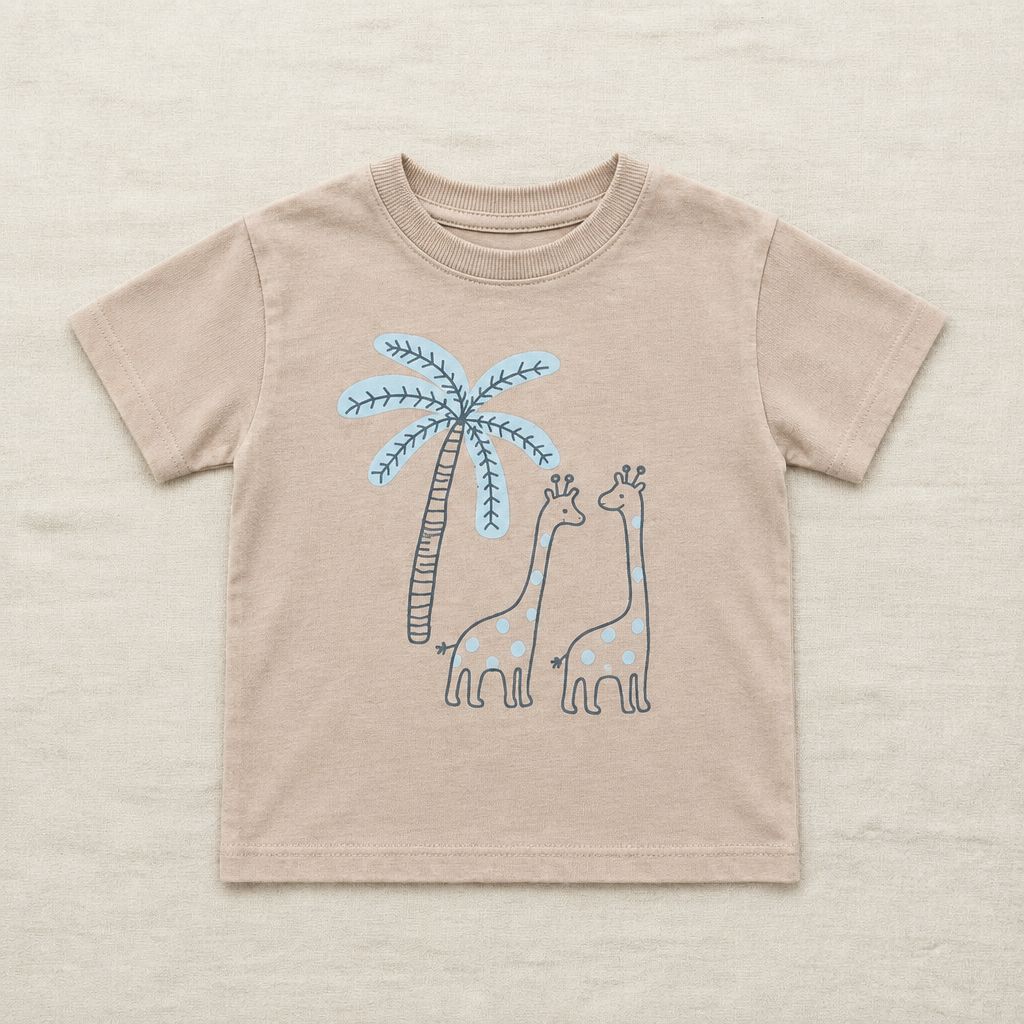 T-shirt bébé beige à manches courtes avec imprimé animaux et arbre