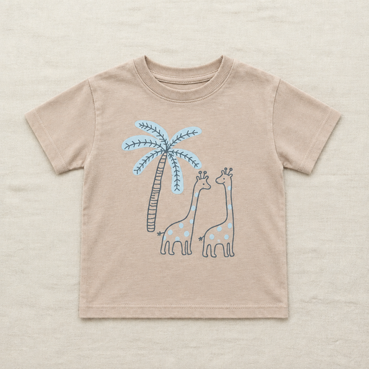 T-shirt bébé beige à manches courtes avec imprimé animaux et arbre