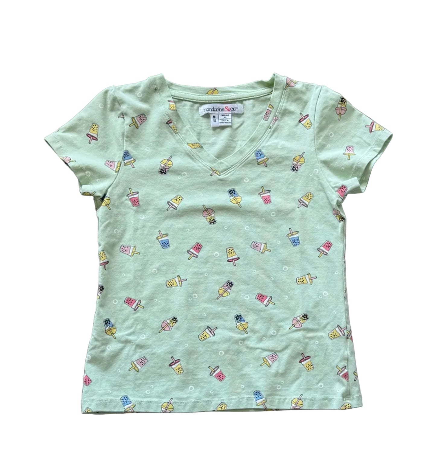 T-shirt enfant vert menthe à encolure en V, motifs ludiques multicolores