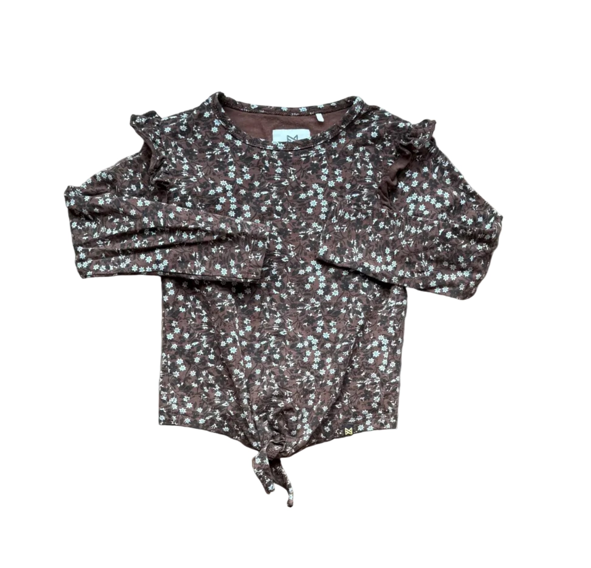 Chandail bébé à manches longues, col rond, motif floral noir et blanc, lien au bas
