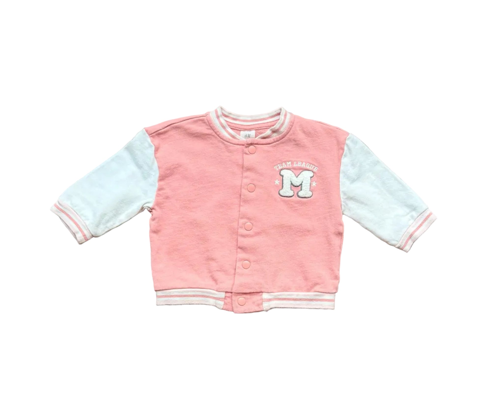 Veste bébé 4-6 mois H&M rose vieux et manches bleu clair, boutons pression, logo