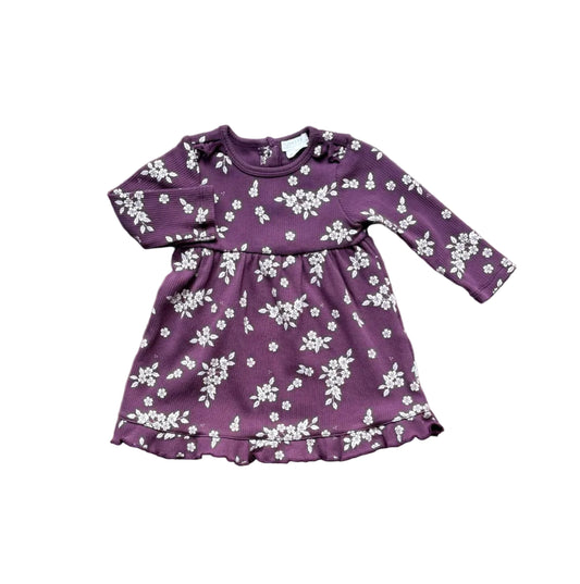 Robe bébé 6 mois en jersey violet à fleurs blanches, manches longues