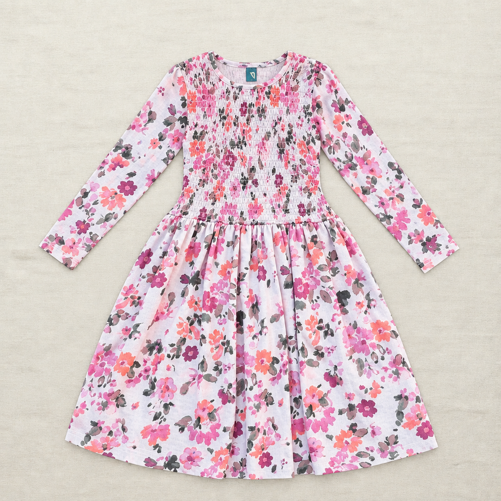 Robe enfant 7 ans à manches longues, imprimé floral rose et gris, taille élastique