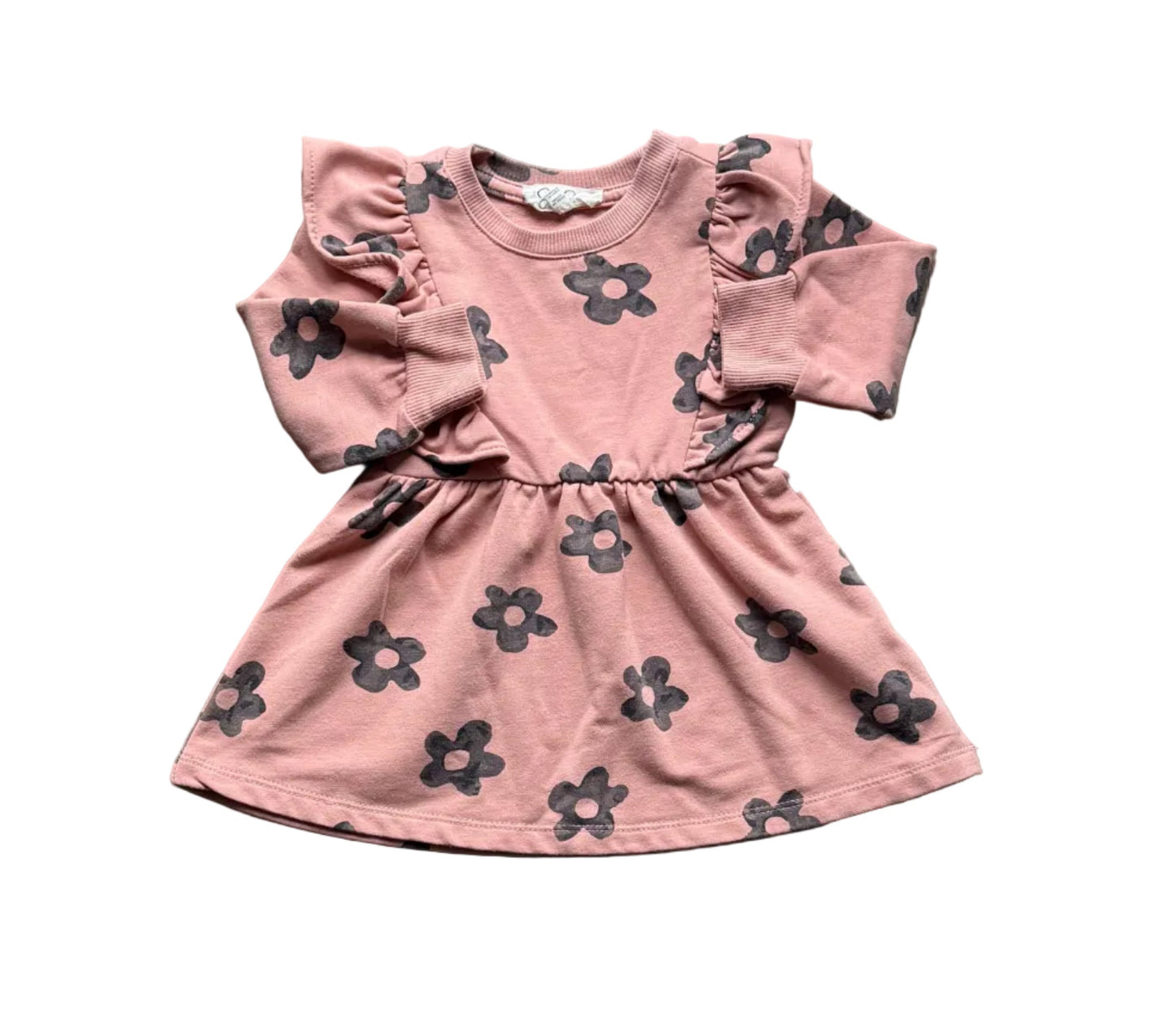 Robe rose bébé 12 mois à manches longues et imprimé fleurs noires