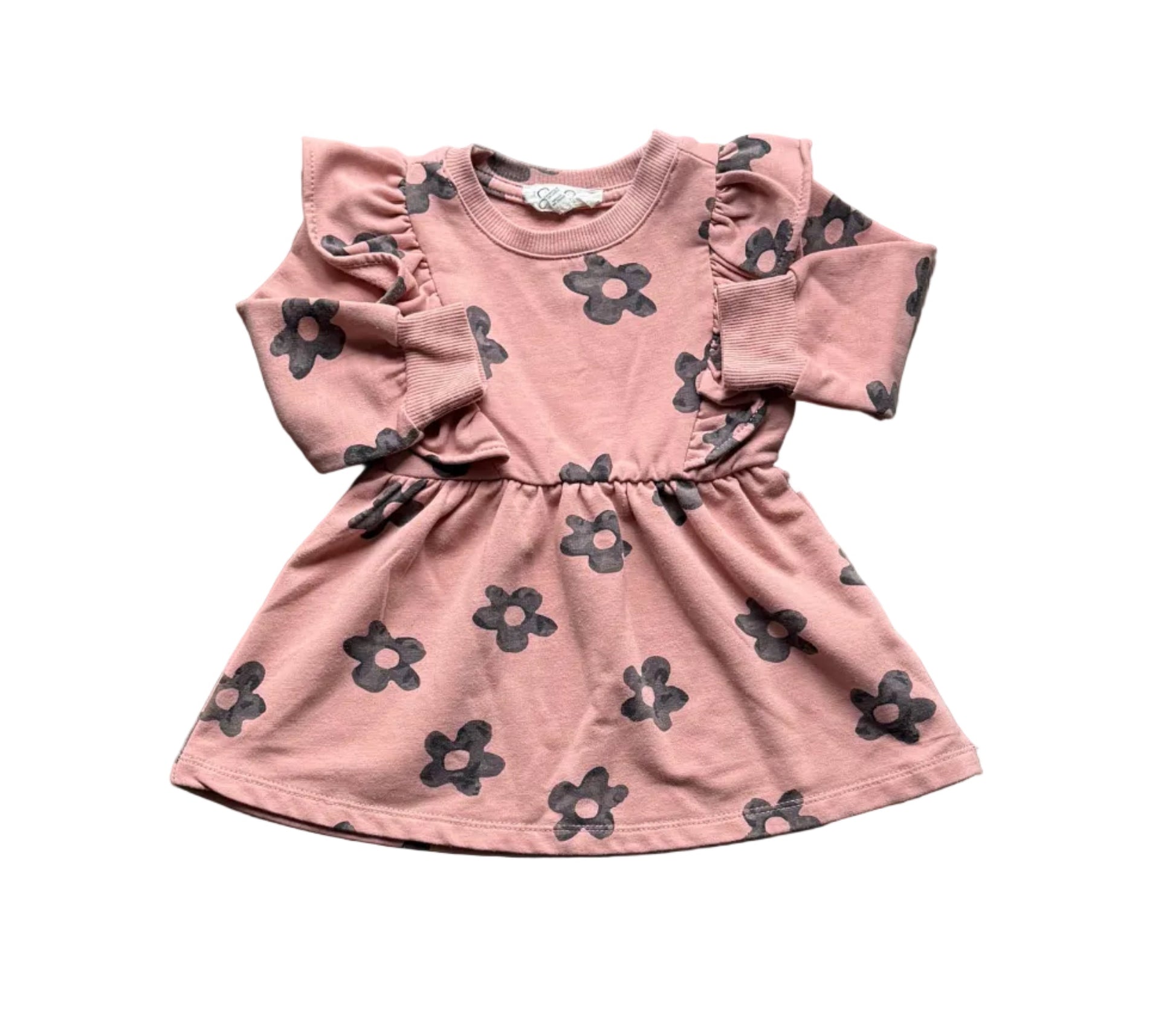 Robe rose bébé 12 mois à manches longues et imprimé fleurs noires