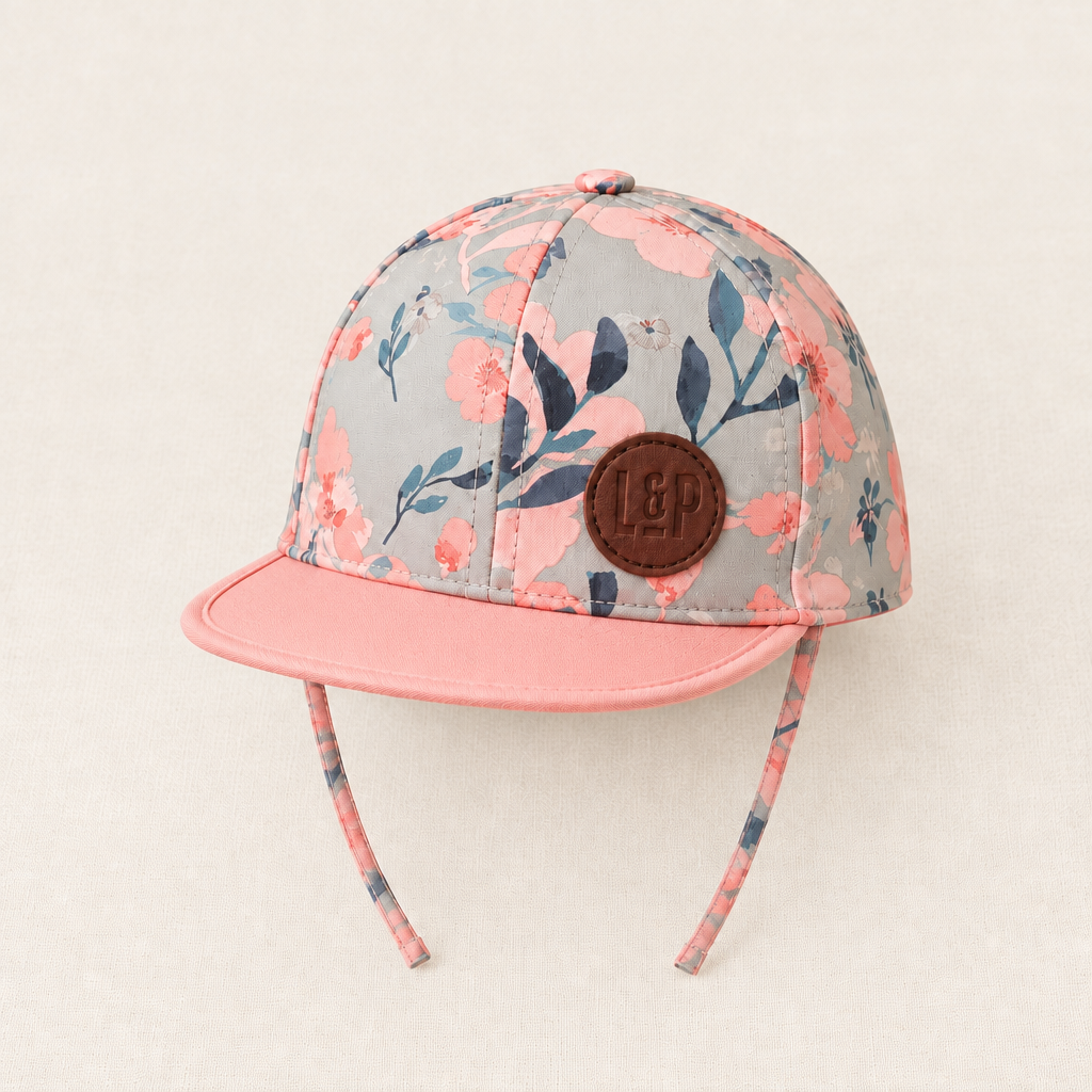 Casquette bébé L&P en coton floral rose, patch rond marron et lanières à nouer