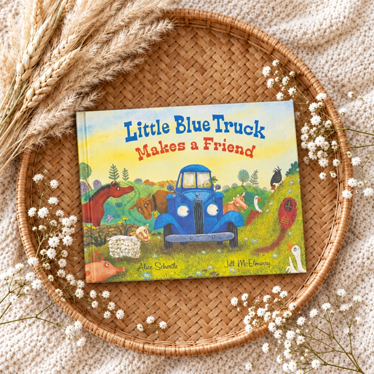 Livre illustré : couverture avec camion bleu Little Blue Truck et animaux.