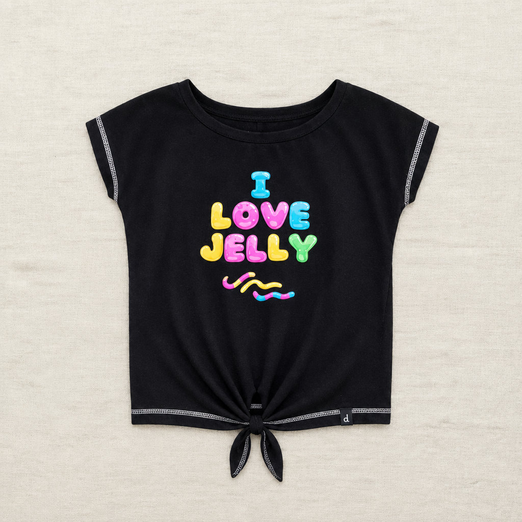 T-shirt noir Deux par Deux 7 ans, motif Love Jelly multicolore et nœud bas