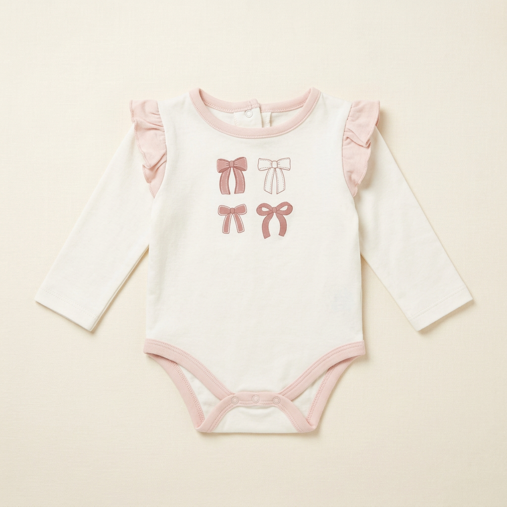 Body bébé ChickPea blanc à manches longues, col et bords roses, motif nœuds