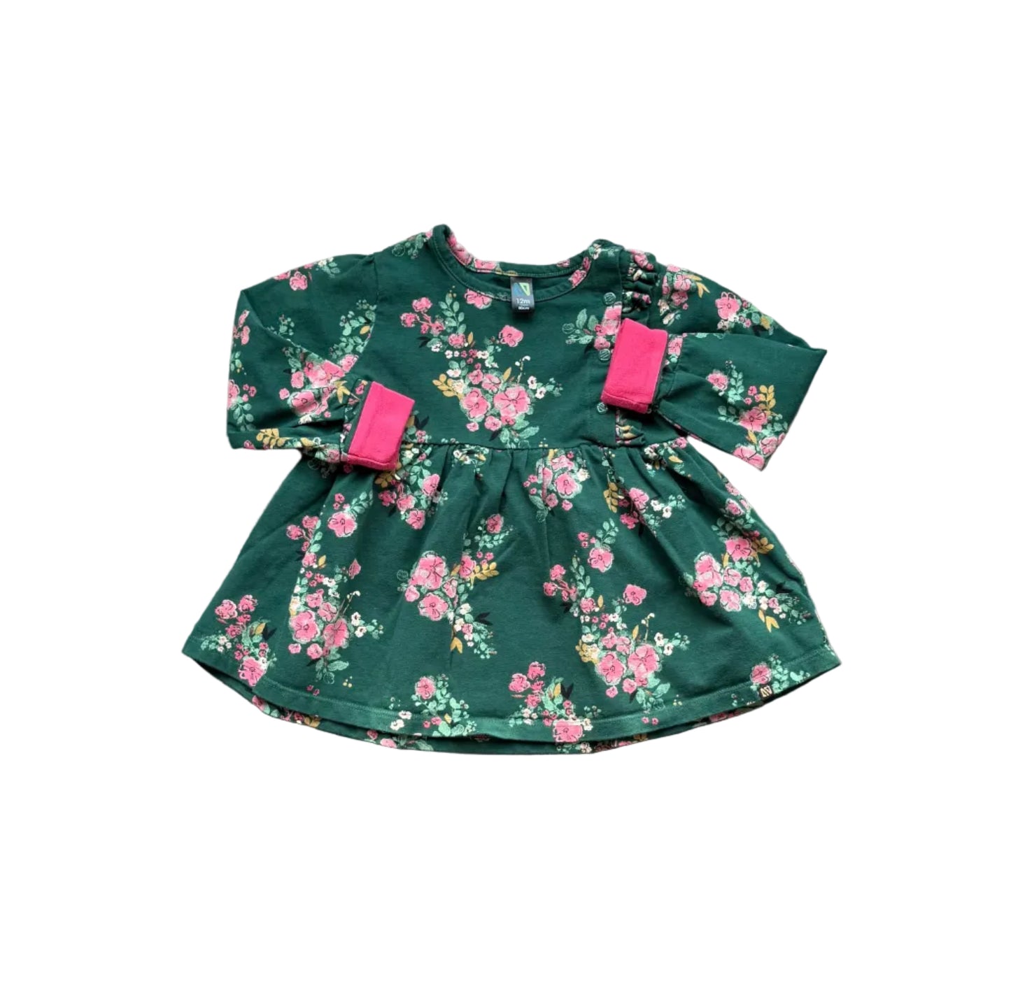 Robe bébé 12 mois verte à fleurs roses, manches longues et patte boutonnée