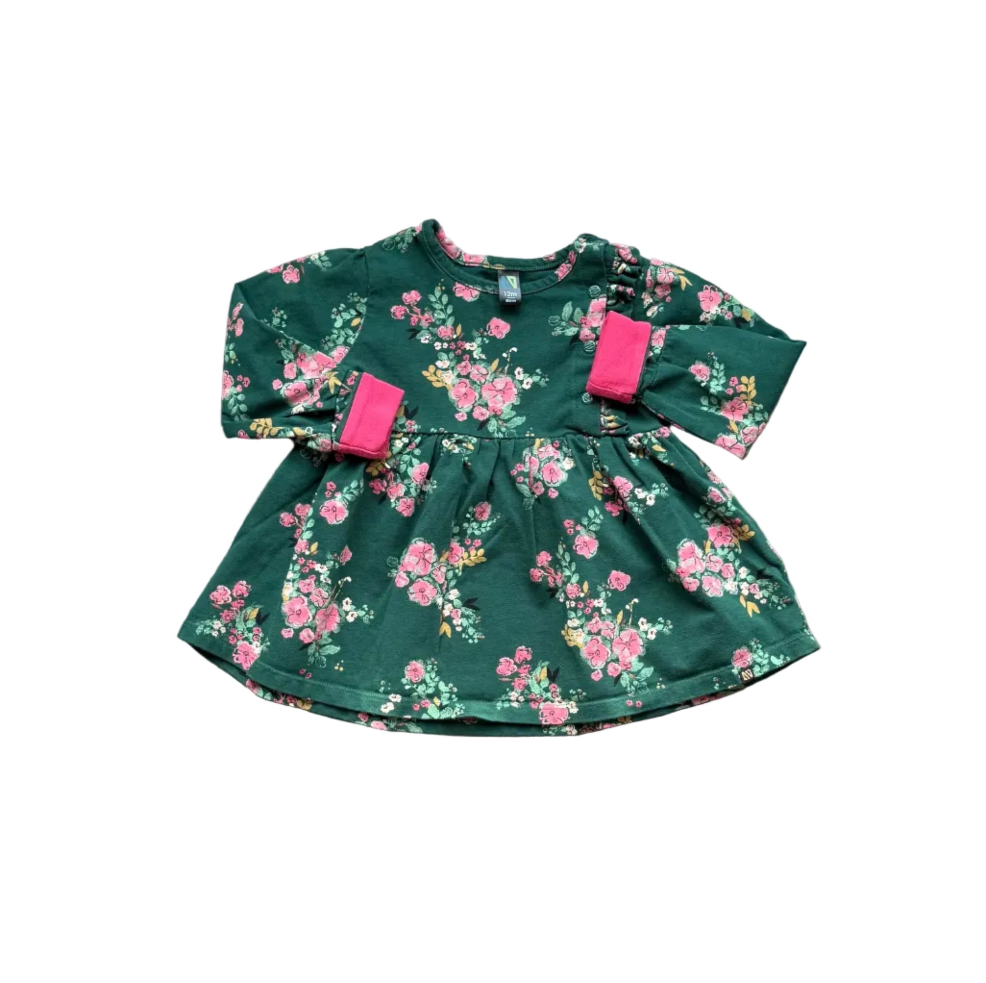 Robe bébé 12 mois verte à fleurs roses, manches longues et patte boutonnée