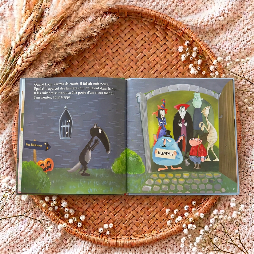 Livre jeunesse relié, pages intérieures illustrées avec un loup noir et décor coloré.