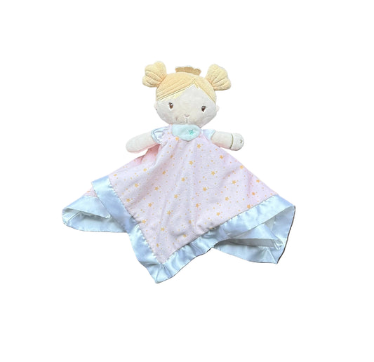 Doudou bébé en peluche, visage blanc et robe pastel à motifs étoiles