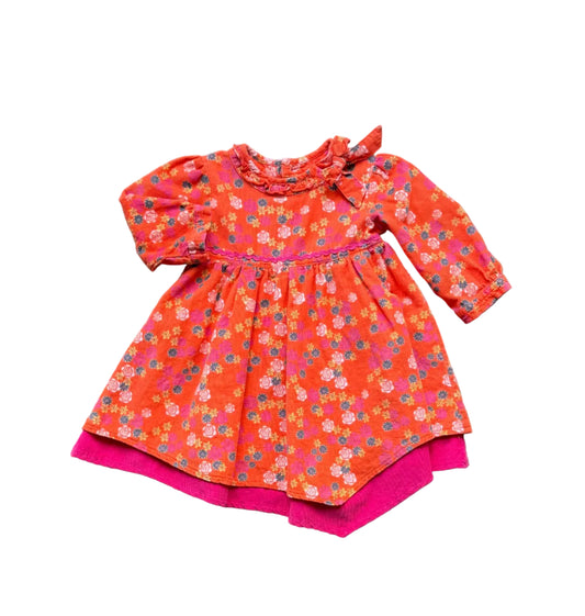 Robe Deux par Deux orange brûlé à fleurs, manches longues, col rond à nœud, 12 mois