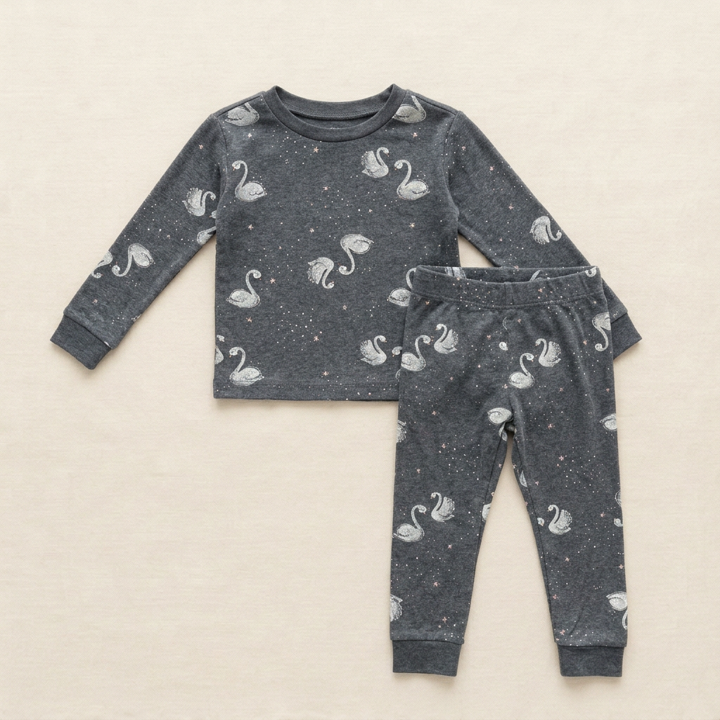 Ensemble pyjama Petit Lem 18 mois gris foncé à imprimé cygnes, col rond et poignets côtelés