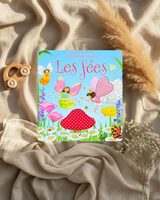 Livre illustré pour enfants, couverture “Les fées” avec personnages et coccinelle.