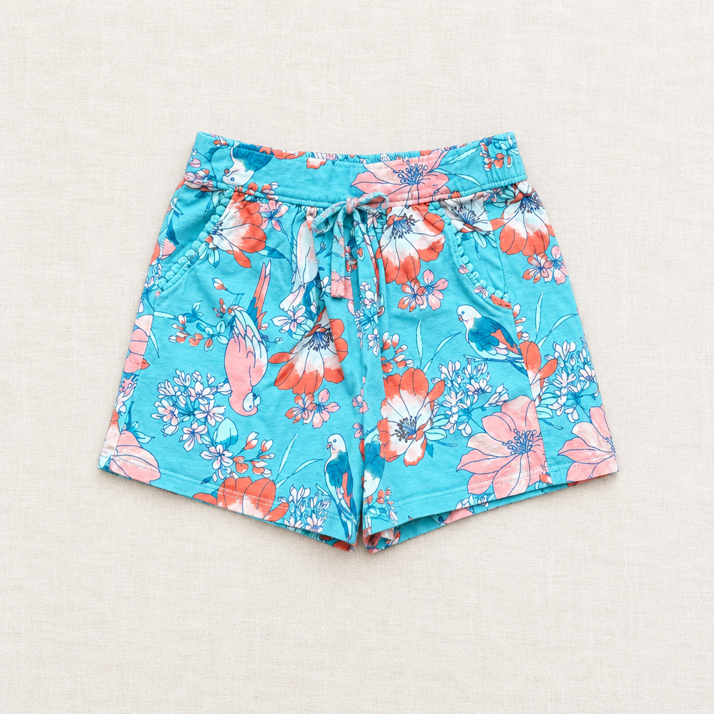 Short enfant imprimé fleurs et oiseaux, taille élastique à cordon, bleu turquoise