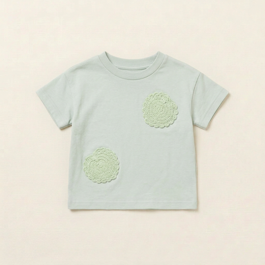 T-shirt bébé vert menthe Blumind 9 mois, col rond, 2 motifs nuage brodés
